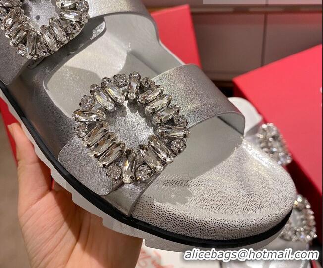 Unique Grade Roger Vivier Double Buckle Leather Flat Slide Sandals 071360 Silver 2021