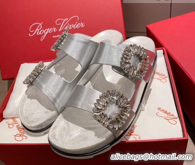 Unique Grade Roger Vivier Double Buckle Leather Flat Slide Sandals 071360 Silver 2021