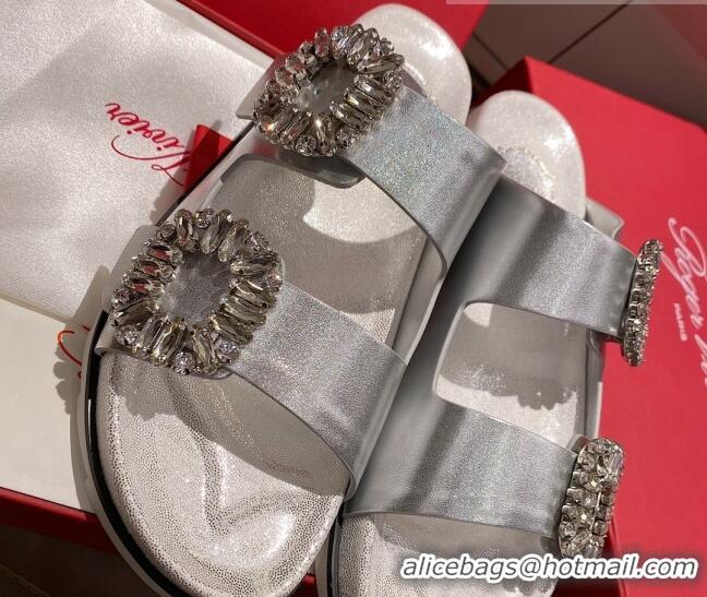 Unique Grade Roger Vivier Double Buckle Leather Flat Slide Sandals 071360 Silver 2021