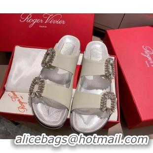 Perfect Roger Vivier Double Buckle Leather Flat Slide Sandals 071360 White 2021