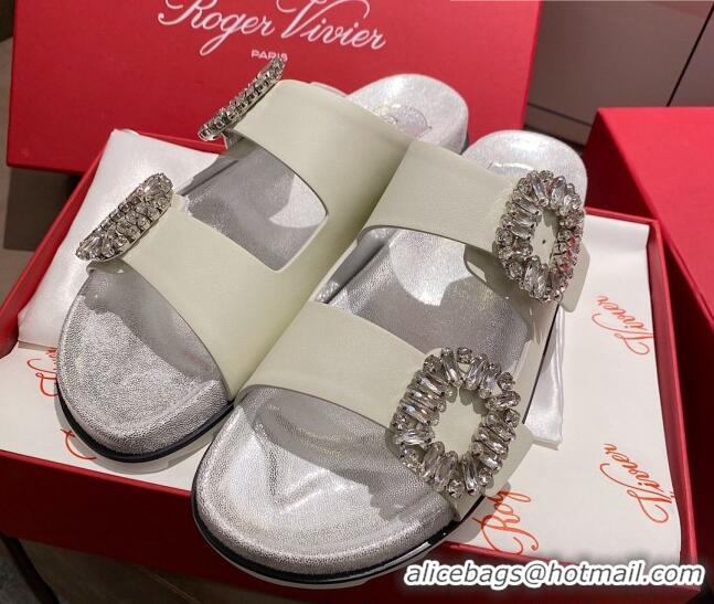 Perfect Roger Vivier Double Buckle Leather Flat Slide Sandals 071360 White 2021