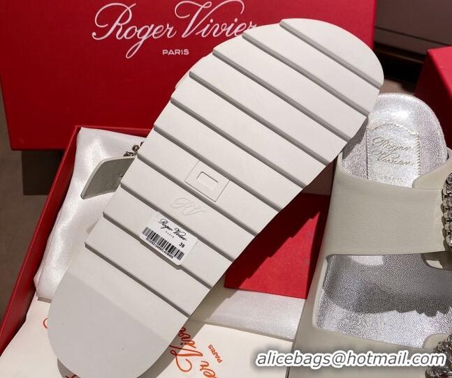 Perfect Roger Vivier Double Buckle Leather Flat Slide Sandals 071360 White 2021