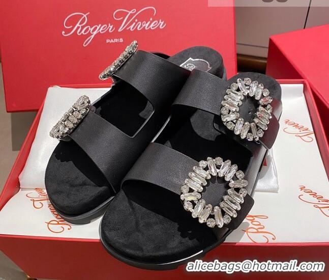 New Style Roger Vivier Double Buckle Leather Flat Slide Sandals 071360 Black 2021