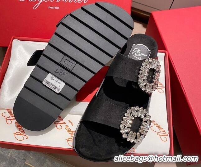 New Style Roger Vivier Double Buckle Leather Flat Slide Sandals 071360 Black 2021