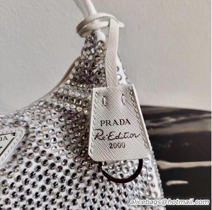 Luxury Discount Prada Satin mini-bag with artificial crystals 1BE515Z White
