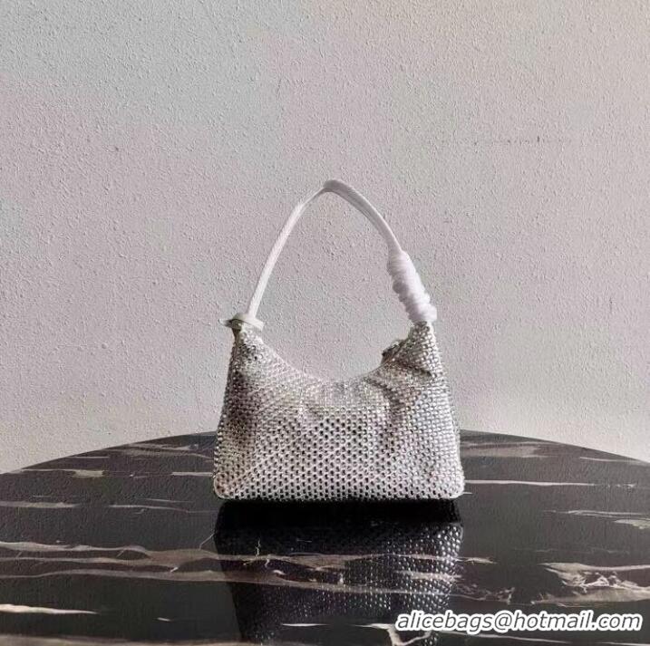 Luxury Discount Prada Satin mini-bag with artificial crystals 1BE515Z White