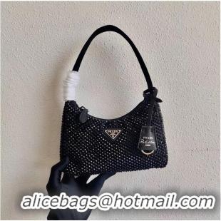 Famous Brand Prada Satin mini-bag with artificial crystals 1BE515 black