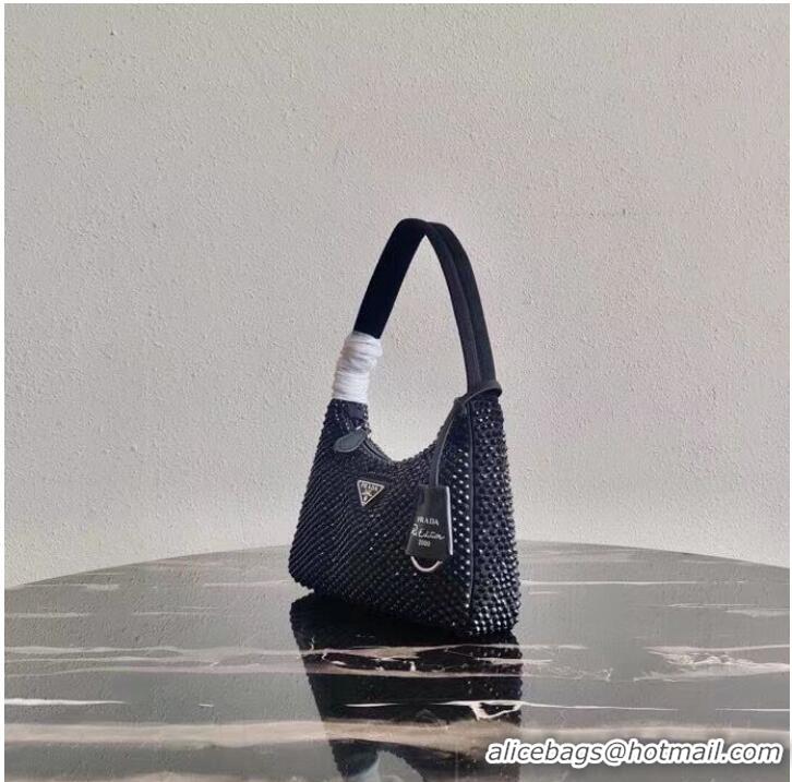 Famous Brand Prada Satin mini-bag with artificial crystals 1BE515 black