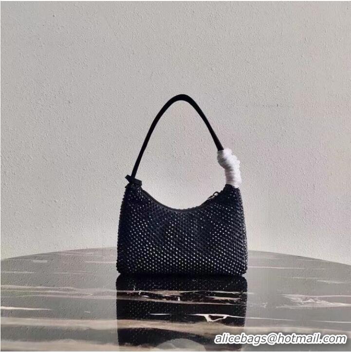 Famous Brand Prada Satin mini-bag with artificial crystals 1BE515 black