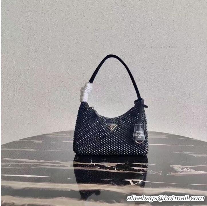 Famous Brand Prada Satin mini-bag with artificial crystals 1BE515 black