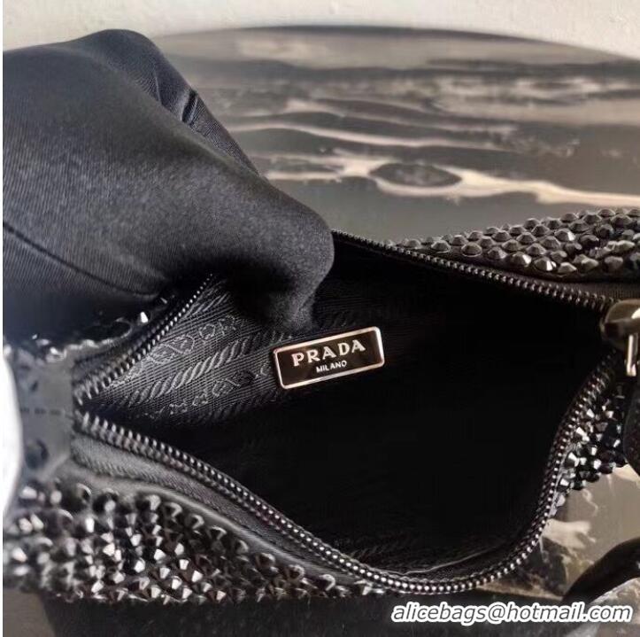 Famous Brand Prada Satin mini-bag with artificial crystals 1BE515 black