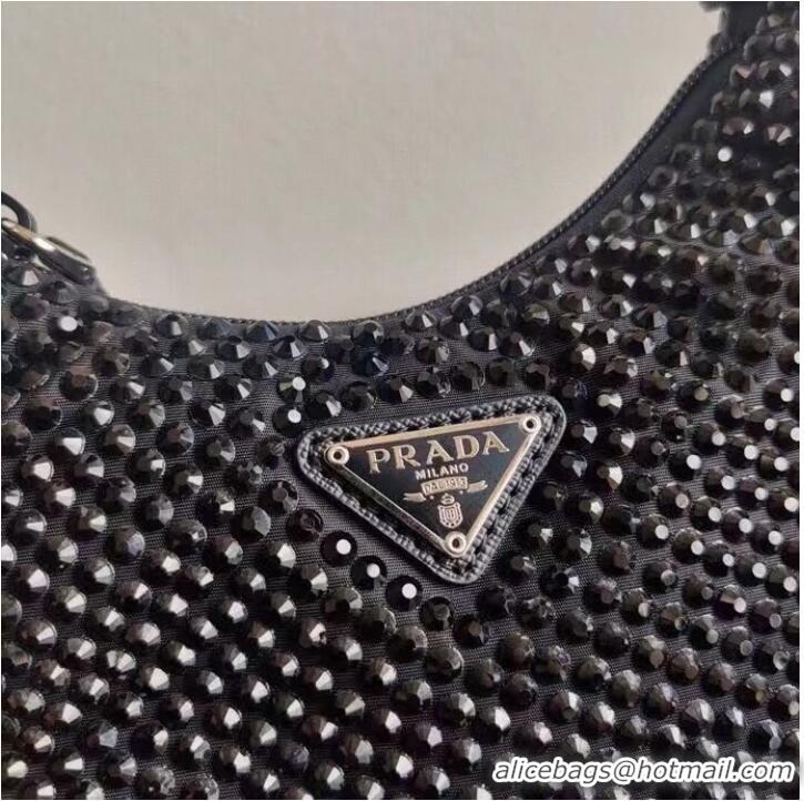 Famous Brand Prada Satin mini-bag with artificial crystals 1BE515 black