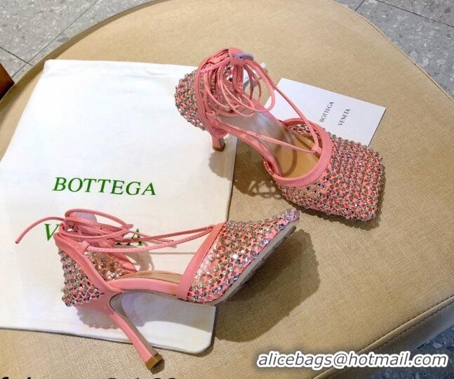 Sumptuous Bottega Veneta Sparkle Stretch Crystal Mesh Sandals 9cm 081219 Flamingo Pink