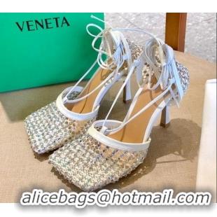 Best Product Bottega Veneta Sparkle Stretch Crystal Mesh Sandals 9cm 081219 White