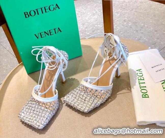 Best Product Bottega Veneta Sparkle Stretch Crystal Mesh Sandals 9cm 081219 White