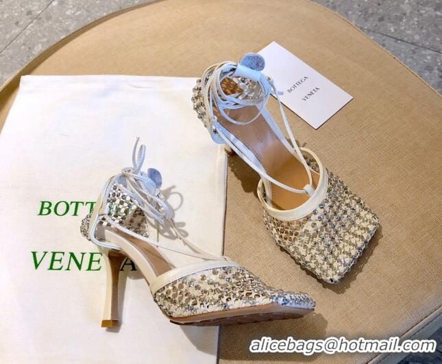 Best Product Bottega Veneta Sparkle Stretch Crystal Mesh Sandals 9cm 081219 White