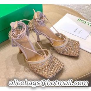 Unique Style Bottega Veneta Sparkle Stretch Crystal Mesh Sandals 9cm 081219 Beige