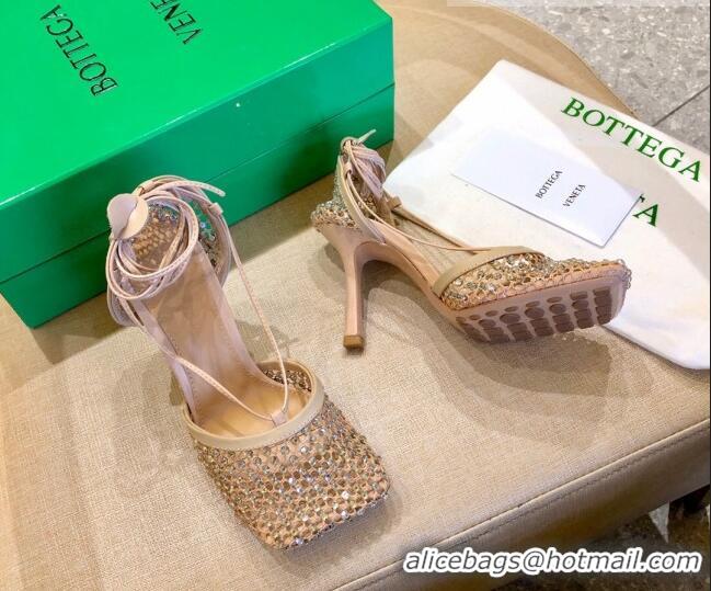 Unique Style Bottega Veneta Sparkle Stretch Crystal Mesh Sandals 9cm 081219 Beige