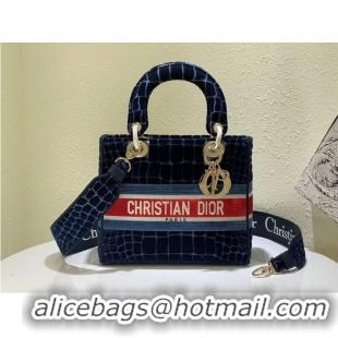 High Quality Dior Medium Lady D-Lite Bag in Blue Crocodile-Effect Embroidered Velvet CD1962 2021