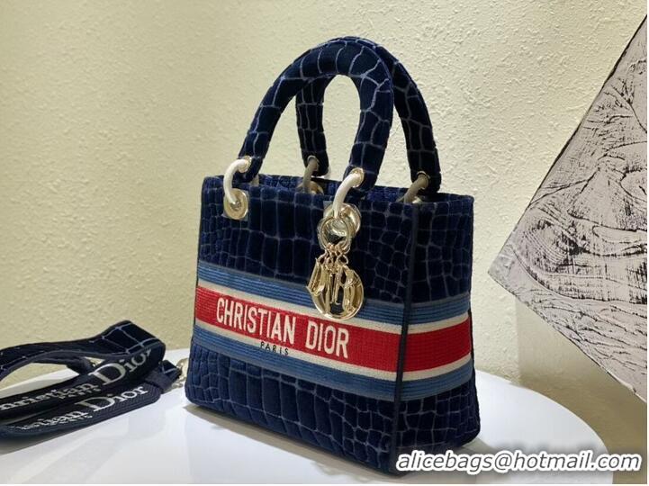 High Quality Dior Medium Lady D-Lite Bag in Blue Crocodile-Effect Embroidered Velvet CD1962 2021