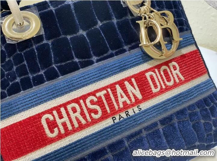 High Quality Dior Medium Lady D-Lite Bag in Blue Crocodile-Effect Embroidered Velvet CD1962 2021