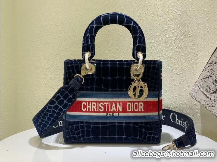 High Quality Dior Medium Lady D-Lite Bag in Blue Crocodile-Effect Embroidered Velvet CD1962 2021