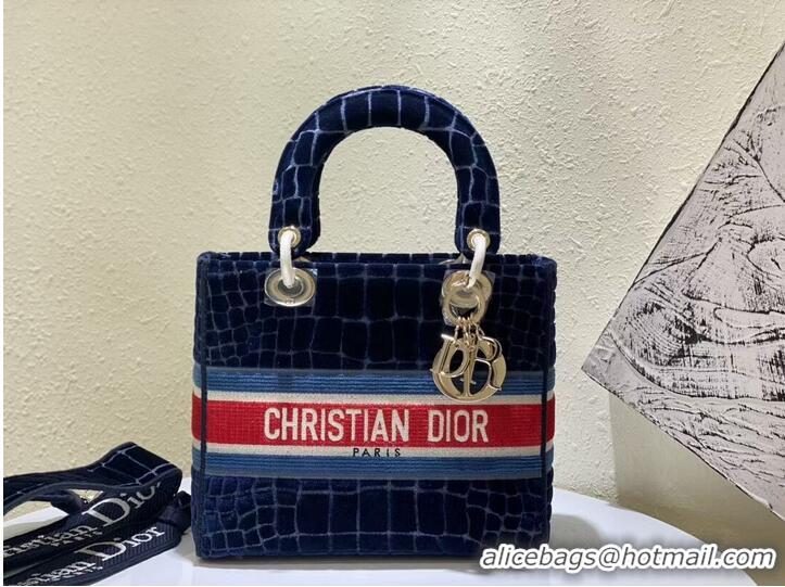 High Quality Dior Medium Lady D-Lite Bag in Blue Crocodile-Effect Embroidered Velvet CD1962 2021