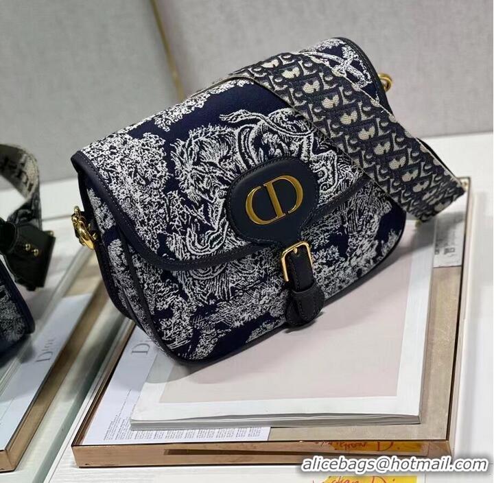 Pretty Style Large DIOR BOBBY BAG Warm Taupe Box Oblique Embroidery C9267 dark blue