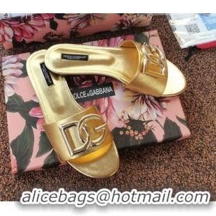 Elegant Dolce & Gabbana DG Metallic Leather Flat Slide Sandals 092233 Gold 2021