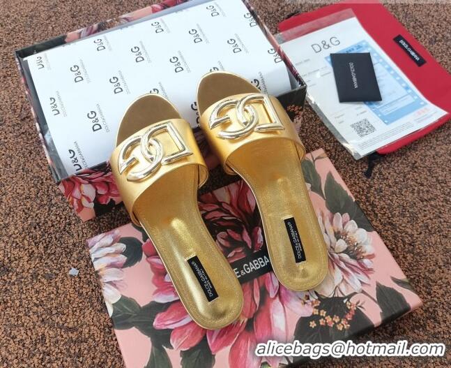 Elegant Dolce & Gabbana DG Metallic Leather Flat Slide Sandals 092233 Gold 2021