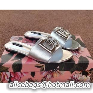 Most Popular Dolce & Gabbana DG Metallic Leather Flat Slide Sandals 092233 Silver 2021