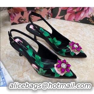 Lower Price Dolce & Gabbana DG Print Leather Slingback Pumps 6.5cm 930102 Black/Green 2021