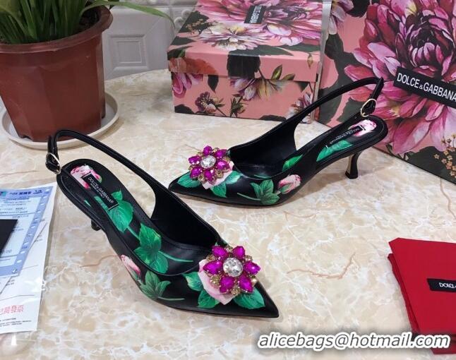 Lower Price Dolce & Gabbana DG Print Leather Slingback Pumps 6.5cm 930102 Black/Green 2021