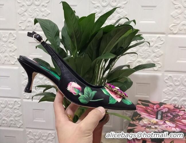 Lower Price Dolce & Gabbana DG Print Leather Slingback Pumps 6.5cm 930102 Black/Green 2021