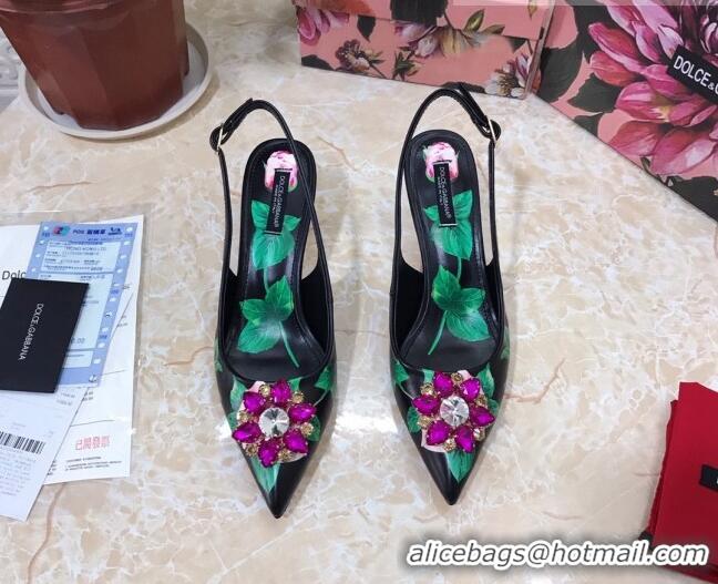 Lower Price Dolce & Gabbana DG Print Leather Slingback Pumps 6.5cm 930102 Black/Green 2021