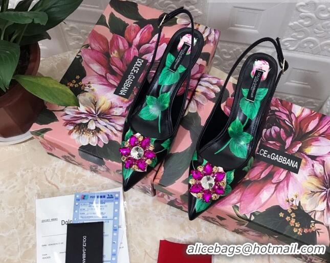 Lower Price Dolce & Gabbana DG Print Leather Slingback Pumps 6.5cm 930102 Black/Green 2021