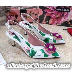 New Stylish Dolce & Gabbana DG Print Leather Slingback Pumps 6.5cm 930102 White/Green