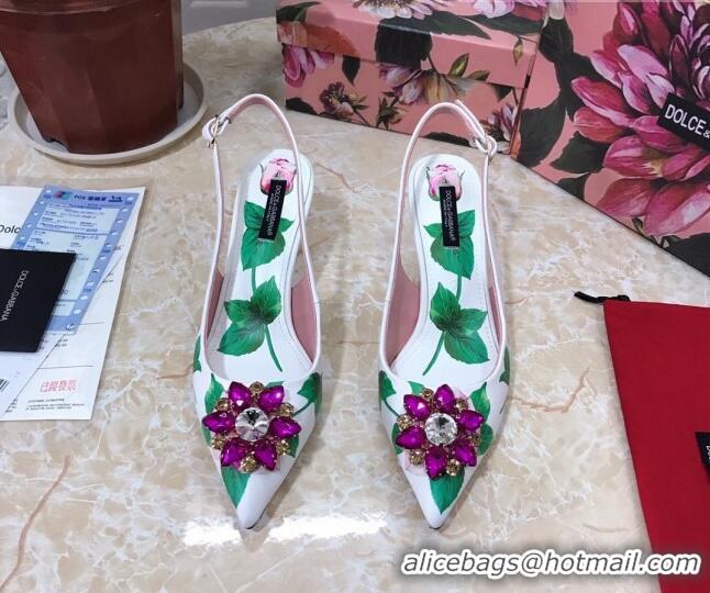 New Stylish Dolce & Gabbana DG Print Leather Slingback Pumps 6.5cm 930102 White/Green