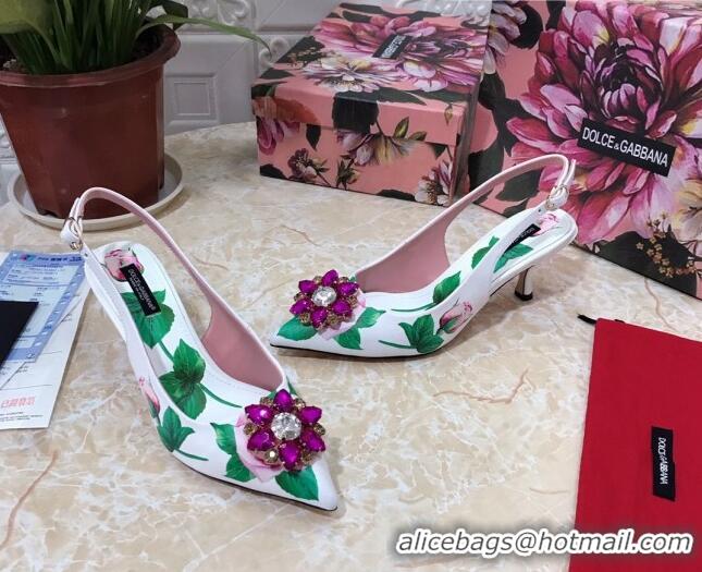 New Stylish Dolce & Gabbana DG Print Leather Slingback Pumps 6.5cm 930102 White/Green