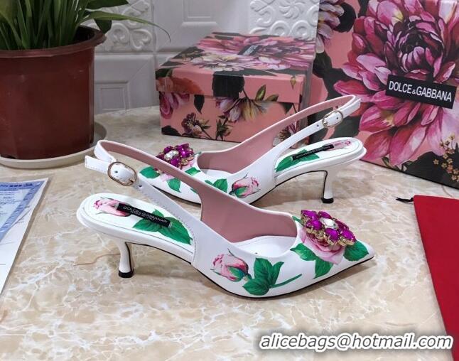 New Stylish Dolce & Gabbana DG Print Leather Slingback Pumps 6.5cm 930102 White/Green