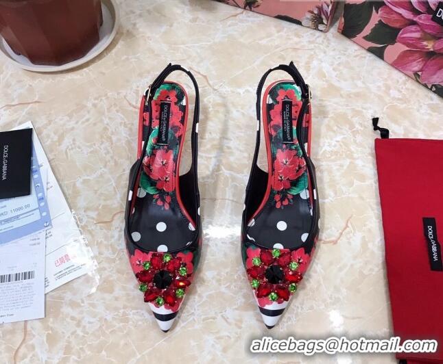 Discount Dolce & Gabbana DG Print Leather Slingback Pumps 6.5cm 930102 Black/Red