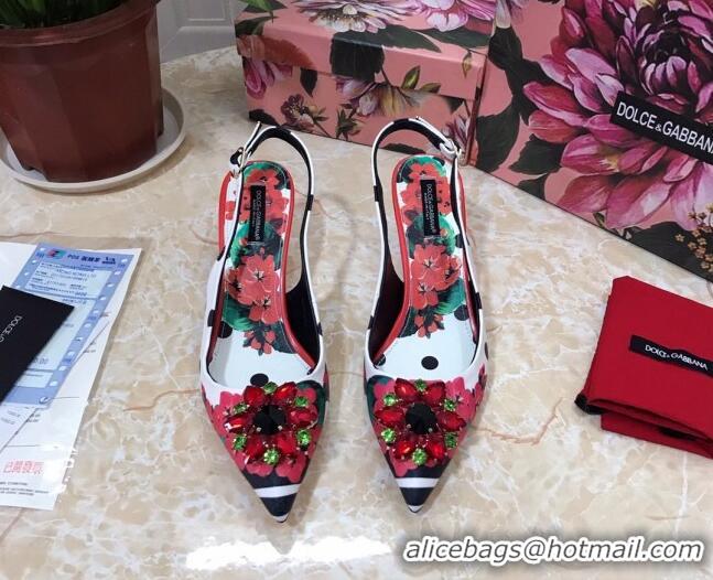 New Style Dolce & Gabbana DG Print Leather Slingback Pumps 6.5cm 930102 White/Red