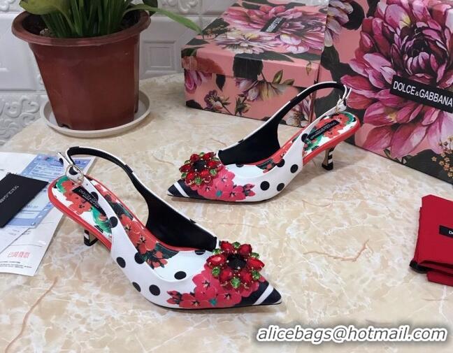 New Style Dolce & Gabbana DG Print Leather Slingback Pumps 6.5cm 930102 White/Red