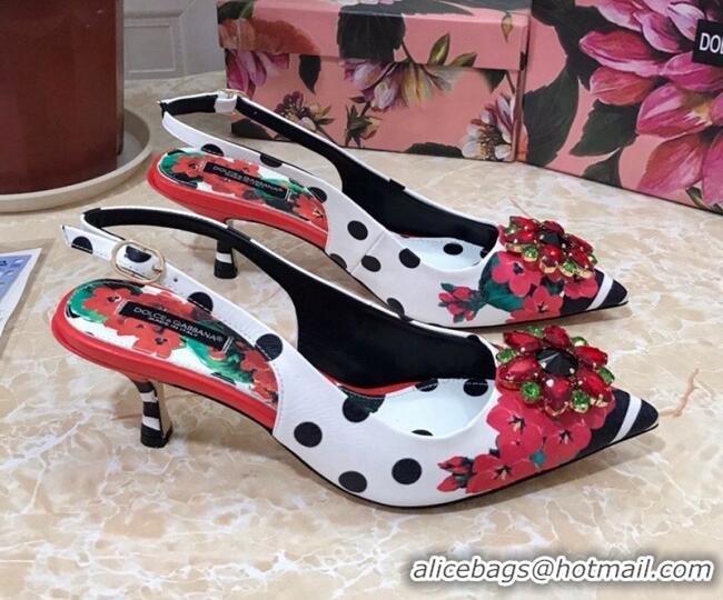 New Style Dolce & Gabbana DG Print Leather Slingback Pumps 6.5cm 930102 White/Red