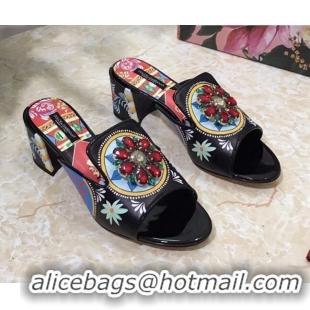 Best Price Dolce & Gabbana DG Print Leather Crystal Slide Sandals 6.5cm 930106 Black