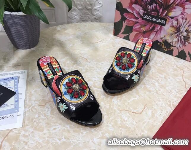 Best Price Dolce & Gabbana DG Print Leather Crystal Slide Sandals 6.5cm 930106 Black