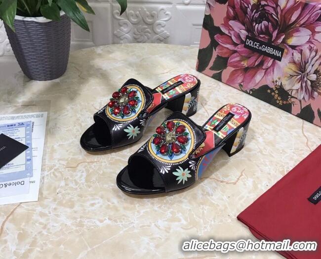 Best Price Dolce & Gabbana DG Print Leather Crystal Slide Sandals 6.5cm 930106 Black