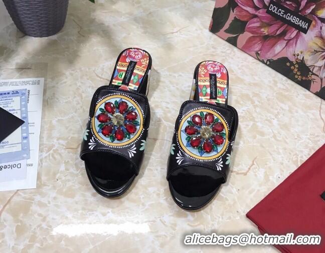 Best Price Dolce & Gabbana DG Print Leather Crystal Slide Sandals 6.5cm 930106 Black