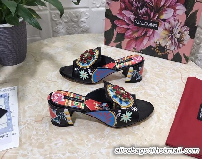 Best Price Dolce & Gabbana DG Print Leather Crystal Slide Sandals 6.5cm 930106 Black