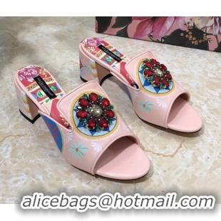 Cheap Price Dolce & Gabbana DG Print Leather Crystal Slide Sandals 6.5cm 930106 Pink